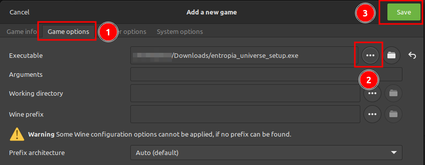 Set Lutris Executable Path for Entropia Universe Launcher Installer